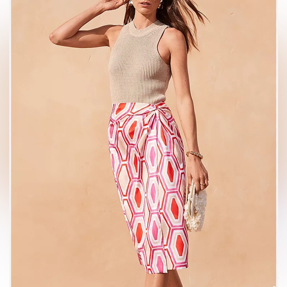 Ann Taylor Geometric Knot Wrap Pencil Skirt, Pink White Beige Red, Sz 8 Petite